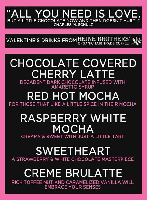 Valentine’s Day Latte Ideas, Coffee Shop Valentine Ideas, February Coffee Drinks, Valentines Day Coffee Drinks, Valentines Coffee Drinks, Valentines Cocktails, Deja Brew, Coffee Names, Valentines Coffee