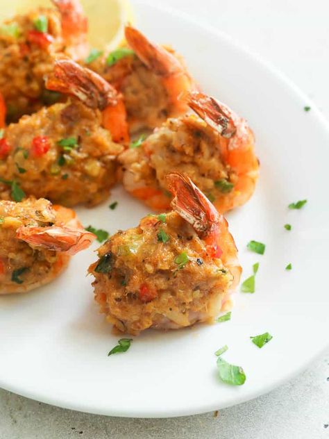 Crab Stuffed Shrimp - Immaculate Bites Crab Meat Stuffed Shrimp, Baked Stuffed Shrimp Recipes, Crab And Shrimp Recipe, Baked Stuffed Shrimp, Camp Meals, Baked Shrimp Recipes, Stuffed Shrimp, Crab Stuffed, Fish Dinner Recipes