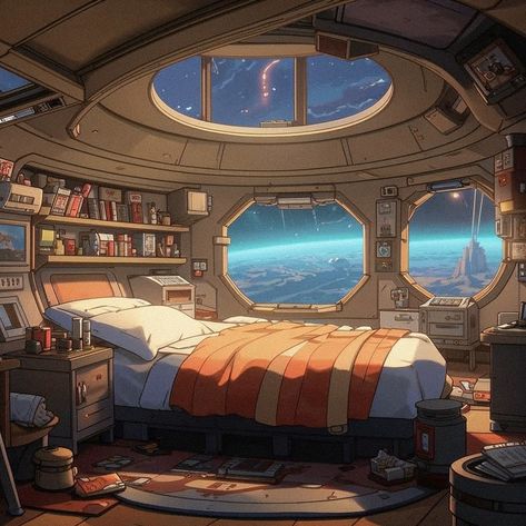 #space #spaceship #interior #cartoon #bedroom Spaceship Room Concept Art, Star Trek Ship Interior, Spaceship Interior Aesthetic, Spaceship Concept Interior, 80s Space Aesthetic, Spaceship Interior Concept Art, Spaceship Interior Bedrooms, Retro Futurism Interior Design, Futurism Interior Design