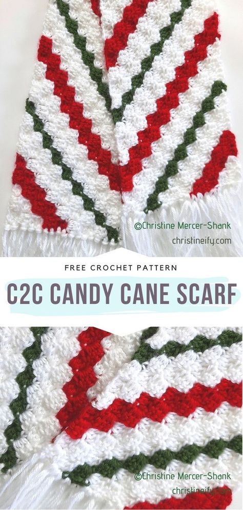 C2C Candy Cane Scarf Free Crochet Pattern Whether you love candy or not, you are going to fall in love with this crochet pattern for a corner-to-corner scarf by Christine Mercer-Shank. #CrochetC2CScarf #CrochetScarf #FreeCrochetPattern Christmas Scarf Pattern, Christmas Scarf Crochet, Candy Cane Scarf, Crochet C2c Pattern, Christmas Crochet Blanket, Crochet Christmas Gifts, Crochet Scarf Pattern Free, Crochet Xmas, C2c Crochet