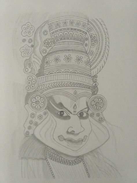 Yakshagana Drawing Sketch, Kathakali Drawing Easy, Kathakali Sketch, Yakshagana Drawing, Theyyam Drawing, Kathakali Drawing, Cultural Drawing, Dance Sketches, Simple Face Drawing