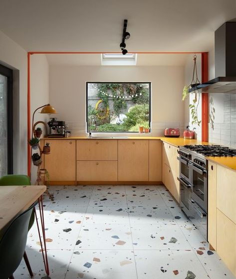 Terrazzo Tile Kitchen, Terrazzo Kitchen Floor, Kitchen Terrazzo, Terrazzo Kitchen, Scandinavian Interior Kitchen, Wooden Worktops, Plywood Kitchen, Plywood Interior, Picture Window