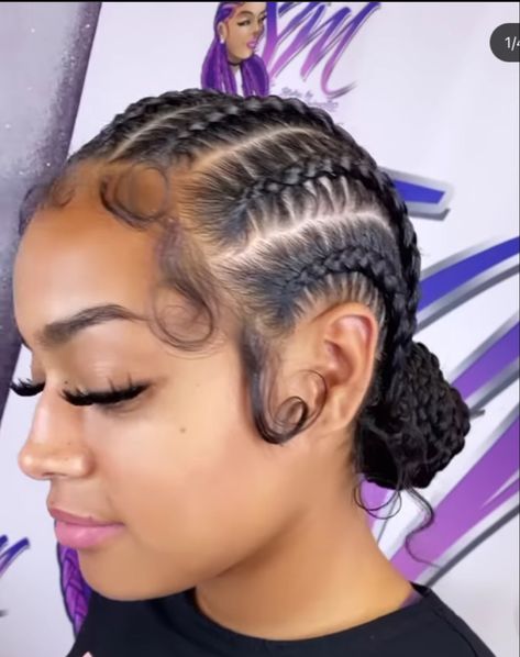 Cornrow Braids Bun, Short Quick Braided Hairstyles, Five Braids Hairstyle, Braid Back Bun, Corn Row Braids Bun, Canrows Going Back Natural Hair, Cornrow Hairstyles For Black Women Bun, Braids Into Buns For Black Women, Cornrows Into Two Buns