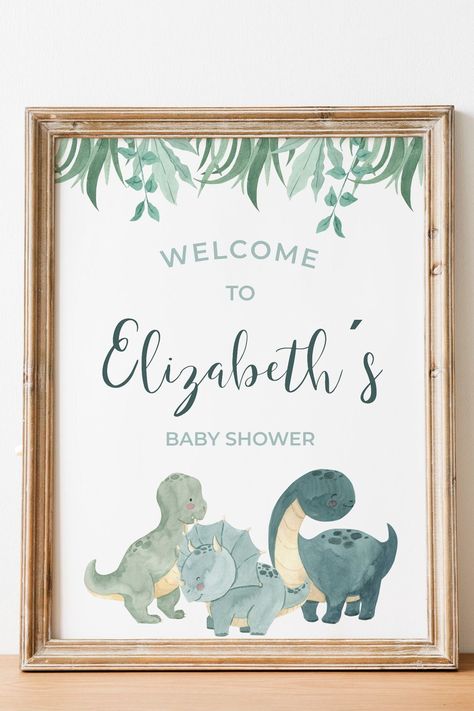 Colorful Dinosaur Theme Baby Shower Welcome Sign with greenery