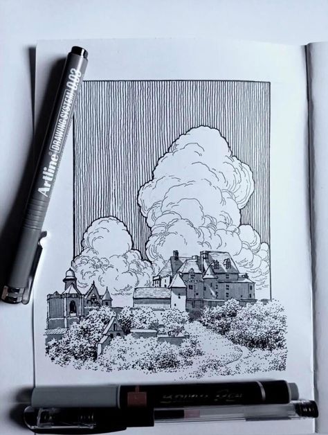 Simple Ink Illustrations, Fineliner Art Buildings, Gomatrical Pattren Design, Micron Pen Sketches, Pen Art Architecture, Hatching Landscape, Shallow Drawing, Urban Sketching Pen, Ink Sketches Sketchbooks