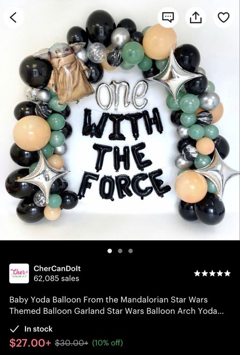 One Year Old Birthday Party Boy Star Wars, Baby Boy 1st Birthday Party Themes Star Wars, Yoda Balloon Garland, Mandalorian Balloon Garland, 1st Birthday High Chair Garland Star Wars, Star Wars Balloons, Baby Joda, Yoda Party, Star Wars Baby Shower