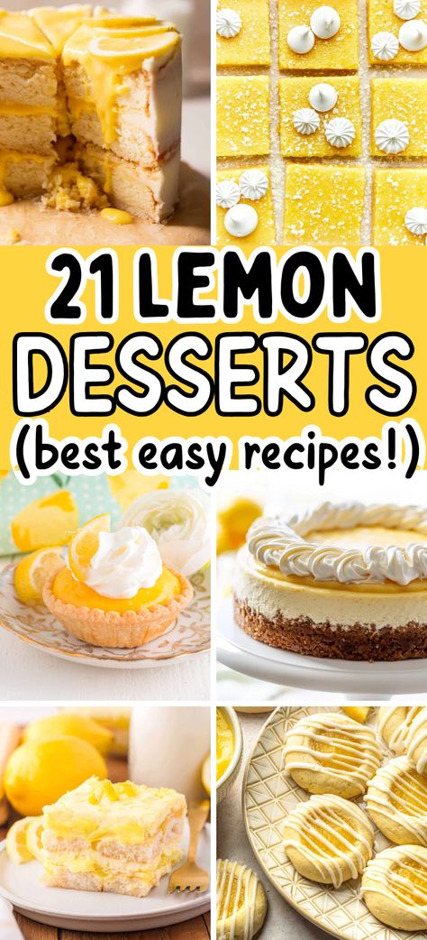 These are the best lemon dessert recipes - lemon cheesecake, lemon bars, lemon cookies, fresh lemons lemon desserts, lemon cake, best lemon desserts, easy lemon recipes. Lemon Juice Desserts Easy, Lemon Bars With Lemon Pudding, Dessert Lemon Recipes, Light Lemon Desserts Recipes, Lemon Treats Desserts, Lemon Ramekin Dessert, Mexican Lemon Dessert, Desserts With Lemon Juice, Best Lemon Desserts Ever