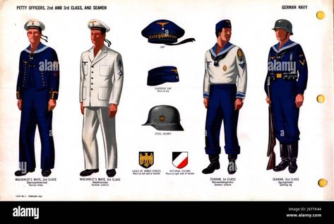 Download this stock image: ONI JAN 1 Uniforms and Insignia Page 018 German Navy Kriegsmarine WW2 Petty officers, 2nd and 3rd class, and seamen. Sailor suits, cap, steel helmet, white summer uniform, service dress, etc. Feb. 1943 Field recognition . - 2EFTK44 from Alamy's library of millions of high resolution stock photos, illustrations and vectors. Navy White Uniform, White Forces, Cabaret Costume, Navy Costume, Ww2 Uniforms, Boat Parade, Navy Cap, Navy Uniforms, Summer Uniform