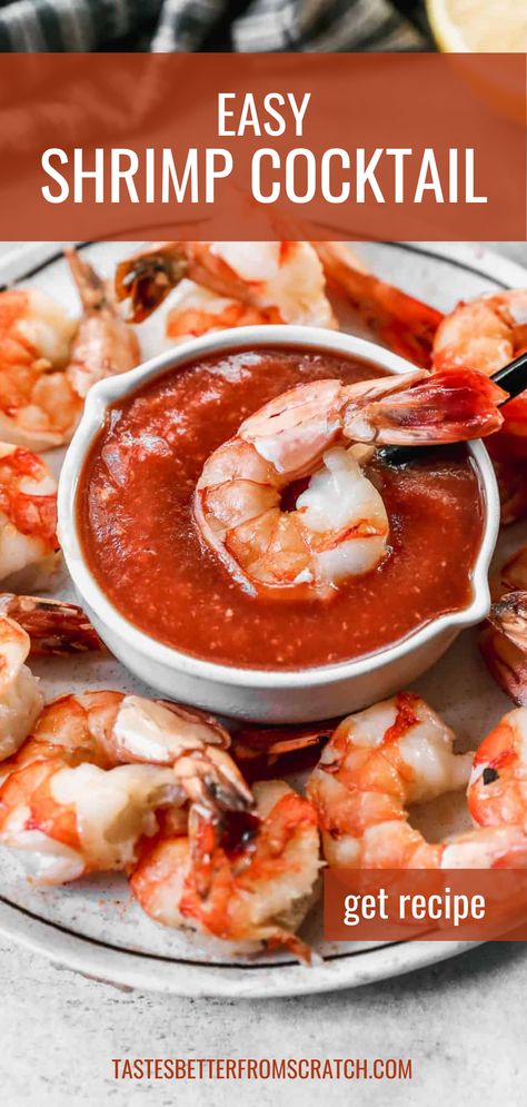 Easy shrimp cocktail served in a dish, perfect for parties and gatherings. Chilled Shrimp Appetizer, Shrimp Cocktails Recipes, Shrimp Appetizers For Party, Shrimp Cocktail Recipe, Shrimp Cocktail Cups, Shrimp Cocktail Recipe Easy, Easy Shrimp Cocktail, Shrimp Cocktail Appetizers, Shrimp Cocktail Sauce