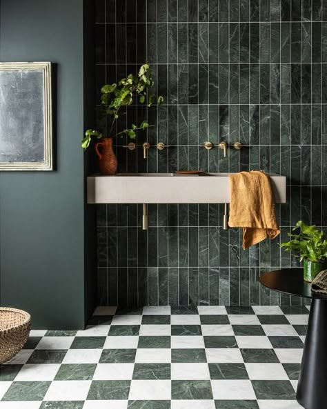 Timeless Bathroom Design, Dark Green Bathrooms, Green Tile Bathroom, Honed Marble Tiles, Mandarin Stone, Green Tiles, Dark Bathrooms, Timeless Bathroom, Honed Marble