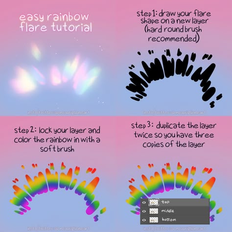 Melissa @ Stellaria Kickstarter 6/4 on Twitter: "I've had a lot of folks asking how I do my rainbow flares so I put together a tutorial for it. Enjoy!  #arttutorial… " Color Tips, Free Brushes, Art Advice, Art Help, Coloring Tutorial, Digital Painting Tutorials, Poses References, Photoshop Brushes, Art Tutorials Drawing