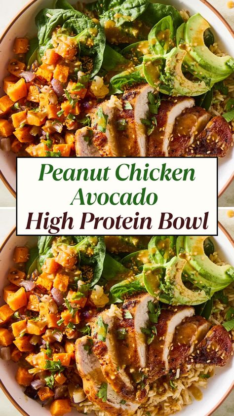 Looking for a cold weather dinner idea that's both nourishing and delicious? This Peanut Chicken Avocado High Protein Bowl is perfect for the season! Packed with high-protein chicken, creamy avocado, and a peanut dressing, it's a hearty and satisfying meal. Ideal for power bowls and high-protein dinners, this dish is an easy, healthy option for those chilly fall and winter nights. Whether you're meal prepping or craving a cozy dinner, this bowl will fuel you up without compromising on taste. One Pot High Protein Meals, Cold Weather Dinner Ideas Healthy, High Protein Meals Chicken, High Protein Crockpot, High Protein Crockpot Recipes, Protein Bowl Recipes, Meals With Protein, Cold Weather Dinner, Protein Dinners