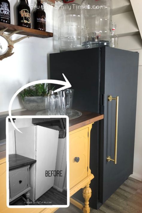 A budget DIY knock-off of a very expensive brass and matte black Smeg fridge. Here's how to chalkboard paint fridge to look like a black Smeg fridge. One of the biggest project wins: figuring out a very affordable appliance handle alternative! This makeover was very affordable coming in at about $50. Part of our DIY basement wet bar makeover. Painting A Mini Fridge, Fridge Handle Diy, Painting Fridge Diy, Budget Diy Home Improvement, Wet Bar Makeover, Chalkboard Paint Fridge, Paint Fridge, Black Smeg, Bar Makeover