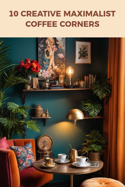 Transform your morning coffee routine into a one-of-a-kind experience with these 10 amazing maximalist coffee corner ideas! From bold decor to vibrant colors and lush plants, each twist will add a personal touch that's impossible to ignore. Your cozy nook can become an artistic expression and a lively gathering spot that oozes charm. Whether it's cheerful seating or playful art pieces, discover how to blend chaos and comfort perfectly. Let's infuse your space with personality and uniqueness in every cup! Vibrant Home Decor, Maximalist Coffee Table, Moody Eclectic Decor, Maximalist Office, Coffee Corner Ideas, Maximalism Style, Moody Eclectic, Coffee Corners, Small Seating Area