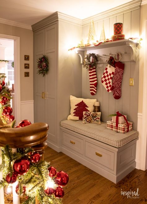 Hallway Christmas Decorating Ideas, Christmas Hallway Decorations, Converted Barns, Christmas Entryway Decor, Wall Seat, Inlaw Suite, Suite Ideas, Christmas Entryway, Silver Oak