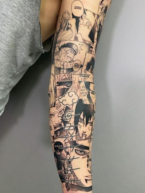 Tired of searching for high-quality and trendy anime tattoo designs? Find 60 best ideas and their meanings in our article! Naruto Box Tattoo, Manga Tattoo Sleeve, Manga Sleeve Tattoo, Naruto Sleeve Tattoo, Naruto Tatoos Ideas, Anime Leg Tattoo, Small Naruto Tattoo Ideas, Anime Leg Sleeve Tattoo, Anime Sleeve Tattoo