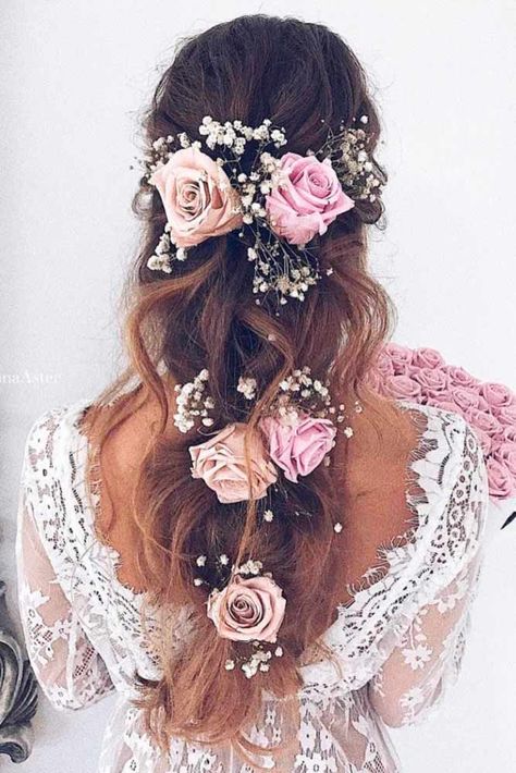 Strapless Dress Hairstyles, Flowers In Her Hair, Elegant Wedding Hair, Pink Wedding Dresses, Best Wedding Hairstyles, Wedding Hair Inspiration, Wedding Hairstyles For Long Hair, Bridesmaid Hair, Prom Hair