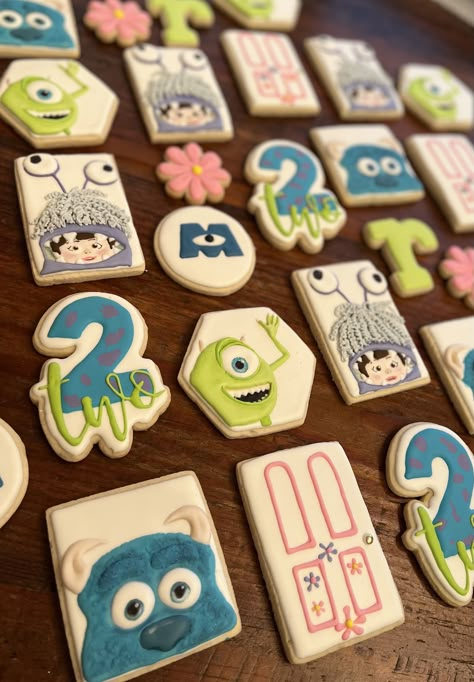 Monsters Inc Birthday Cookies, Monsters Inc Sugar Cookies, Monsters Inc Cookies Decorated, Monsters Inc 1st Birthday, Monsters Inc Cookies, Monster Theme Classroom, Monsters Inc Party, Twins Birthday Party, Monsters Inc University