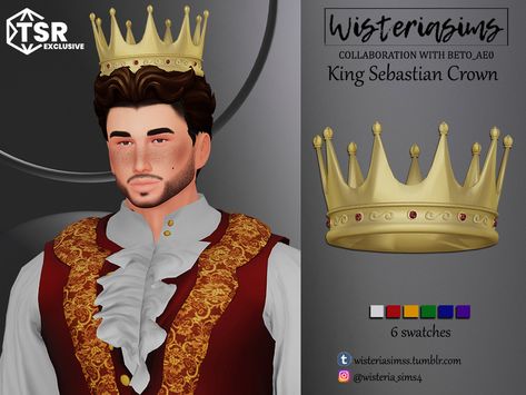 Disney Princess Challenge, Sims 4 Wedding Dress, Medieval Crown, Sims 4 Decades Challenge, Sims Medieval, Male Crown, Royal Clothes, Rose Choker, King Outfit