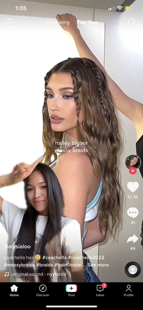 Hailey Bieber Messy Braids, Beachy Crimped Hair, Half Up Half Down Mermaid Hair, Half Up Half Down Y2k Hair, Mini Front Braids, Braid Hair Down, Mako Mermaids Hairstyles, Tiny Braid Hairstyles, Coachella Hair Braid