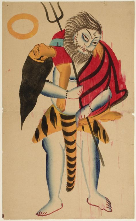 Shiva Carrying the Dead Sati Artist/maker unknown, Indian Geography: Made in Calcutta (present-day Kolkata), West Bengal, India, Asia Date: 19th century Medium: Watercolor on paper Dimensions: Sheet: 18 1/16 × 11 1/16 Shiv Sati, Indian Geography, Mysore Painting, Ancient Indian Art, Tantra Art, Ancient Drawings, Buddha Art Drawing, Bengali Art, India Asia