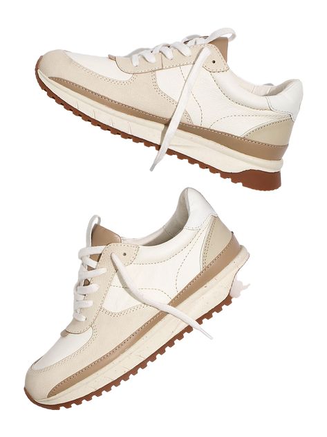 "Find MW Kickoff Trainer Sneakers In Neutral Colorblock Leather on Editorialist. Equal parts old school and new, our trainers have MWL Cloudlift insoles for a supercushy, ultrasupportive fit that feels like walking on a... well, you know. They're also as eco-friendly as we can make them. The cotton lining and rubber outsoles? Recycled. Oh, and the leather is sustainable too.When you select your size, \"H\" equals a half size.Please note: these sneakers fit slightly narrow, so we recommend going up a half size if you have a wider foot.Nubuckleather upper.Do Well: leather sourced from a tannery that achieved a Gold Rating from the Leather Working Group (LWG), an organization that works to promote sustainable environmental practices in the leather industry.Lining is 65% recycled cotton/35% co Madewell Sneaker, Colored Sneakers, Beige Sneakers, Womens Training Shoes, Madewell Shoes, Retro Sneakers, Winter Trends, Trainer Sneakers, Best Sneakers