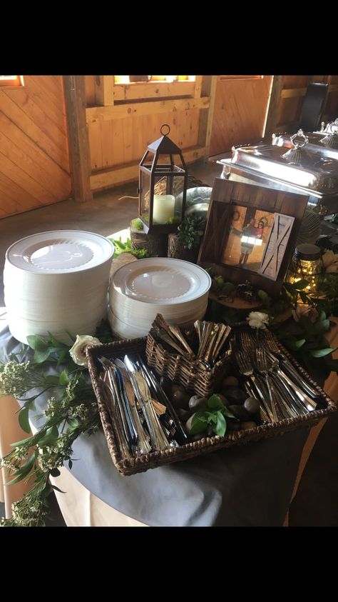 Buffet Table Silverware Display, Utensil Holder Wedding Buffet, Rehearsal Dinner Food Table Decorations, Display Silverware For Buffet, Chafing Dish Display Buffet Tables, Buffet Plates Display, How To Display Utensils At A Party, Buffet Utensils Display, Bbq Catering Display Buffet Tables