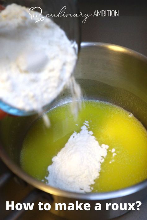 A roux is a combination of equal parts of flour and butter. It is one of the many basic thickening agents in cooking and commonly used in sauces and soups. #roux #blanc #butter #flour #beurre #farine #thickening #sauce Roux Recipe, Basic Cooking, Basic Recipes, Cooking Techniques, Fun Cooking, Soups, Flour, Comfort Food, Condiments