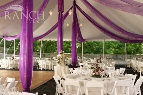 An exquisite outdoor canopy, draped with purple chiffon and romantic firefly lights, with classic white dining sets. #wedding #catering #canopy #ranchevents #sandiego Outdoor Wedding Reception Decorations, Wedding Tent Decorations, Purple Wedding Decorations, White Weddings Reception, Diy Backyard Wedding, Tent Decorations, Wedding Tent, Outdoor Wedding Reception, Outdoor Reception