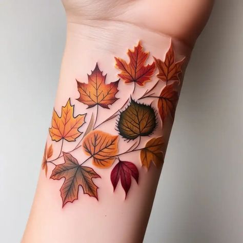 Fall Floral Tattoo Ideas, Fall Owl Tattoo, Fall Bouquet Tattoo, Pumpkin Sleeve Tattoo, Autumn Flowers Tattoo, Tattoo Seasons, Autumn Tattoo Sleeve, Fall Foliage Tattoo, Stained Glass Tattoo Ideas