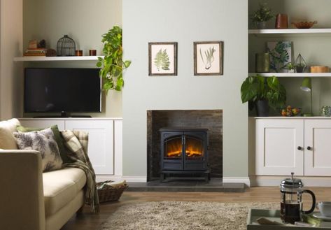 Cassia | Dimplex Freestanding Electric Stove, Fireplace With Electric Stove, Dimplex Optimyst Fireplace Ideas, Electric Stove Fireplace Ideas, Dimplex Electric Stove, Electric Wood Burning Stove, Dimplex Optimyst, Empty Fireplace Ideas, Electric Stove Fireplace