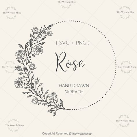 Rose Wreath Tattoo, Rose Circle Tattoo, Rose Wreath Drawing, Floral Wreath Drawing, Wreath Tattoo, Flower Line Drawings, Wreath Drawing, Flower Circle, Wedding Branding