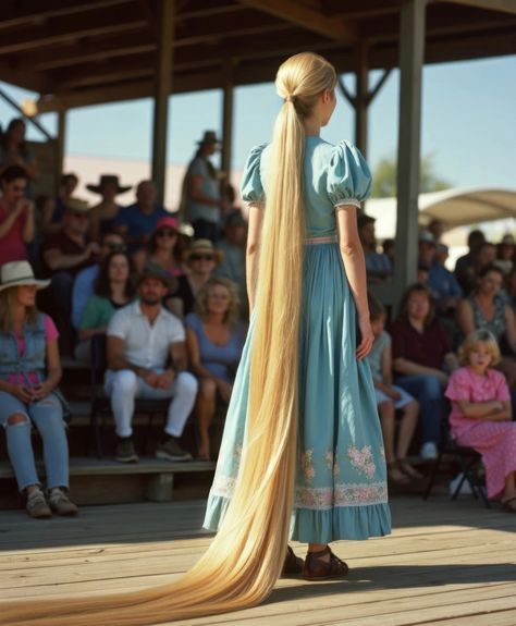 The warm Kansas sun beat down on the Smallville County Fair as I stood on the wooden stage, my 40-foot blonde ponytail trailing behind me like a golden river. This wasn't just any competition; it was the longest hair contest, and I, Jaimie Good, was ready to claim my crown. "Now, folks, we've got a real contender here," the announcer boomed, his voice echoing across the fairgrounds. "Jaimie Good, with hair longer than a combine harvester!" The crowd erupted in cheers and gasps, their eyes... Very Very Long Hair, Super Long Thick Hair, Extreme Long Hair, Worlds Longest Hair, Extremely Long Curly Hair, Blonde Ponytail, Really Long Hair, Super Long Hair, Very Long Hair