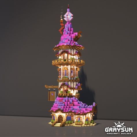 A colorful tower design for all your minecraft enchanting. You can suport my work through patreon and obtain this build! Tower Designs Minecraft, Mc Tower Design, Enchanted Tower Minecraft, Cherry Tower Minecraft, Minecraft Amethyst Tower, Wizard Tower Minecraft Easy, Princess Tower Minecraft, Pink Tower Minecraft, Enchanting Building Minecraft