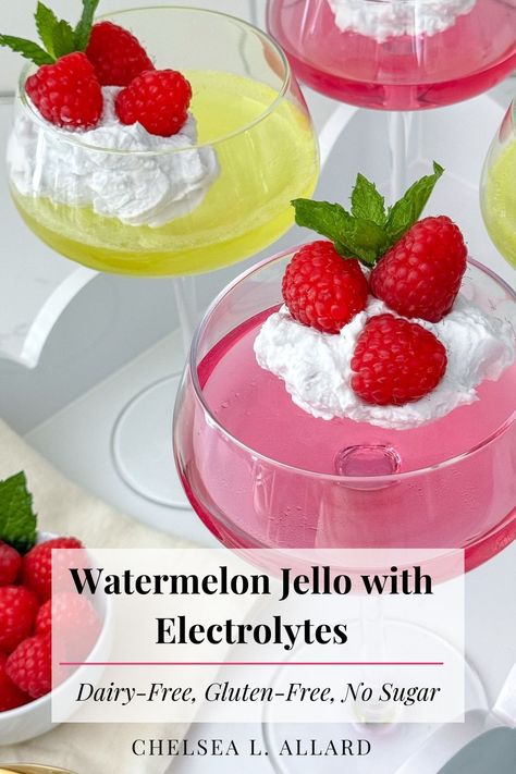 Make a batch of watermelon jello with no added sugar that’s red dye free! Flavored with natural electrolytes, it’s a simple dessert recipe that’s healthy enough to be a fun summer snack for kids, too. This sugar-free jello recipe is a winner all around. Electrolyte Jello, Homemade Jello With Gelatin, Clear Jello Recipe, Jello Protein, Vegan Jello, Jello Cake Recipes, Dairy Free Deserts, Homemade Jello, Watermelon Jello