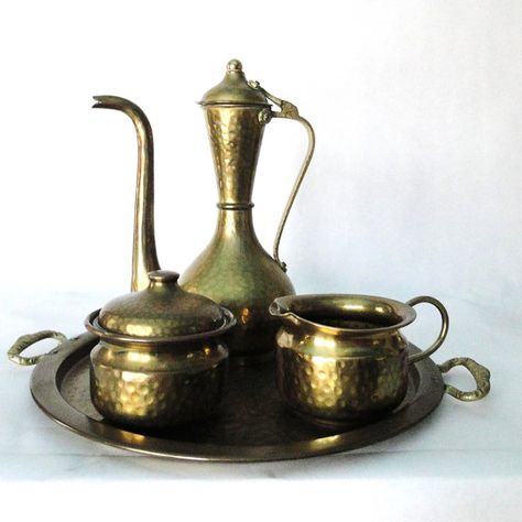 Vintage Tea Set Hammered Brass India Serving by BelatedDesigns, $85.00 Moroccan Tea Set, Holiday Party Accessories, Moroccan Tea, Vintage Tea Set, Russian Tea, Tea Pitcher, Tea Sets Vintage, Brass Tray, Hammered Brass