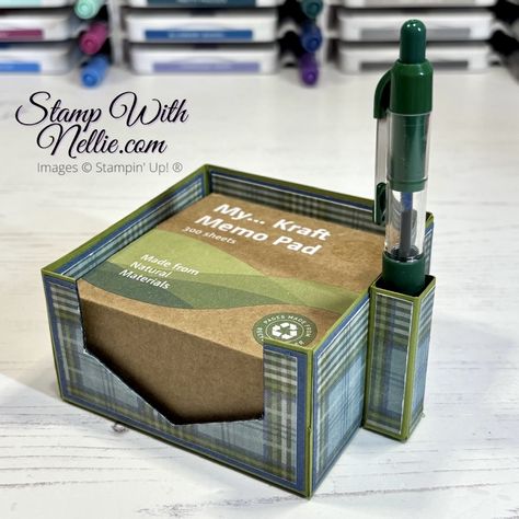 Timeless Plaid memo pad & pen holder - Stampin' Around the World Video Hop - Stamp with Nellie Decorated Notebooks, Paper Pixie, 3d Paper Projects, World Video, Hostess Gift Ideas, Team Lead, Craft Board, Treat Holders, Treat Holder