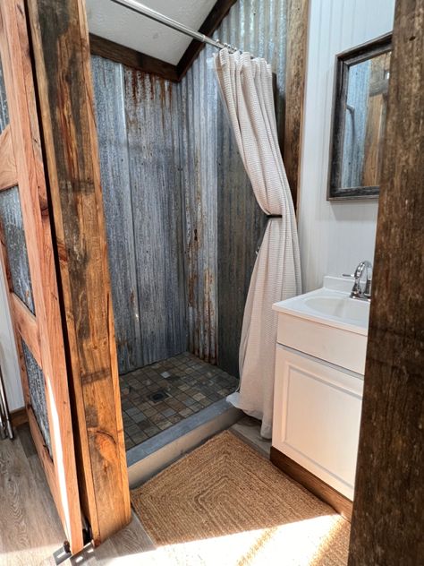 Tiny house Tin shower Shower With Tin Walls, Rustic Tin Bathroom Ideas, Galvanized Shower Ideas Wall, Galvanized Tin Shower Walls, Rustic Bathroom Ideas With Tin, Metal Shower Walls, Metal Shower Walls Corrugated Tin, Galvanized Shower Walls, Tin Shower Walls