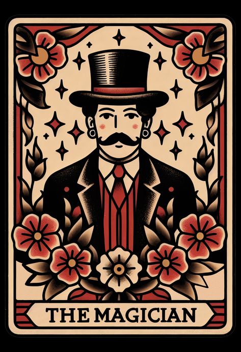 Flash Tarot Tattoo, Tarot Magician Tattoo, The Magician Tarot Illustration, Magician Tarot Card Tattoo, The Magician Tarot Tattoo, Magician Tattoo, Card Tattoos, Traditional Tattoo Prints, The Magician Tarot Card