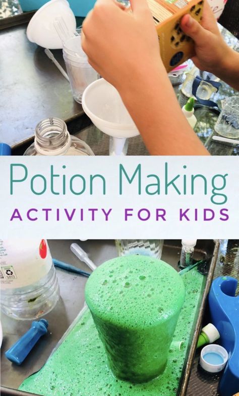 Potions Party Activity for Fun and Messy Play - Kids will love making potions with their friends during this fun science activity! Having a potions party is fun and messy play! #messyplay #scienceexperiments #scienceactivities #playdate Grossology Activities For Kids, Making Potions, Potions Party, Messy Play Ideas Preschool, Messy Science, Messy Crafts For Kids, Messy Activities For Kids, Potion Making, Messy Kids Activities