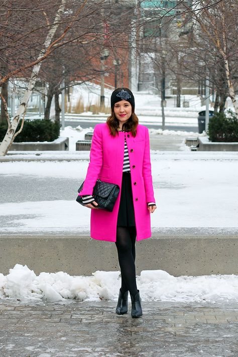 Hot Pink Coat J Crew Lady Day Coat Outfit, Pink Coat Outfit, Pink Jacket Outfit, Midi Outfits, Winter Coat Outfits, Skirt Winter, Pink Tights, Winter Capsule, Trendy Skirts