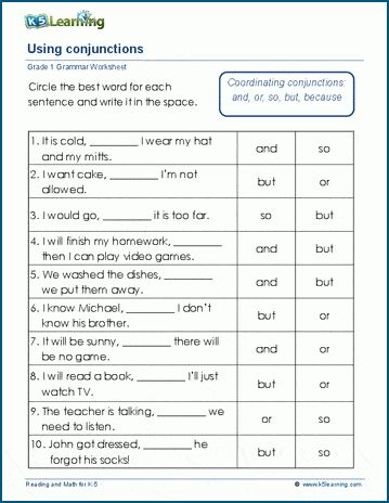 Students fill in the missing conjunctions in compound sentences. Free | Worksheets | Writing | Grade 1 | Printable Compound Sentences Worksheets, Conjunction Worksheet, Kindergarten Grammar, Simple And Compound Sentences, Conjunctions Worksheet, Worksheets For Grade 1, Coordinating Conjunctions, Early Science, Compound Sentences