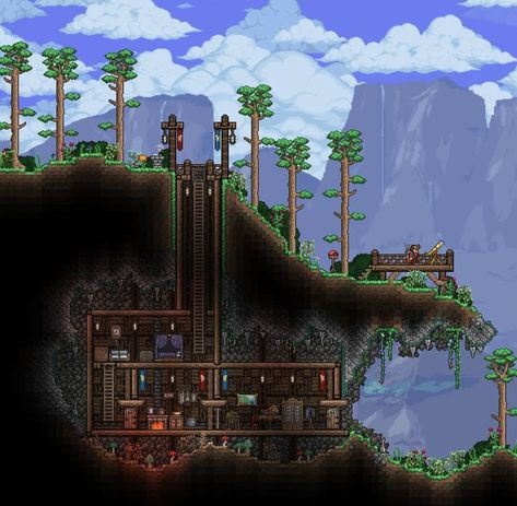 Underground Terraria Base, Terraria Mountain House, Terraria Cavern House, Mountain Home Minecraft, Terraria Greenhouse, Terraria Castle, Terraria Houses, Terraria Design, Terrarium Base