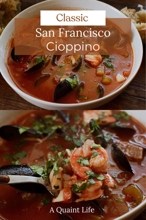 This classic San Francisco cioppino is a delicious fisherman’s stew made up of mussels, fresh fish and shrimp for the ultimate seafood feast. Fisherman Stew, Spanish Shrimp, Cioppino Recipe, Seafood Feast, Seafood Stock, Garlic Uses, Crispy Shrimp, Tomato Broth, Fish Stew