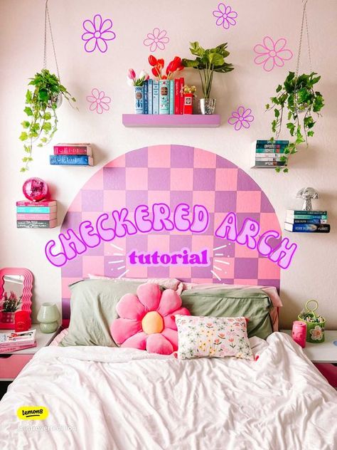 Girls Checkered Bedroom, Checkered Room Ideas, Diy Colourful Home Decor, Groovy Toddler Room, Bright Wall Paint Ideas, Groovy Bedroom Ideas, Checkered Bedroom Ideas, Room Ideas Funky, Checkered Headboard