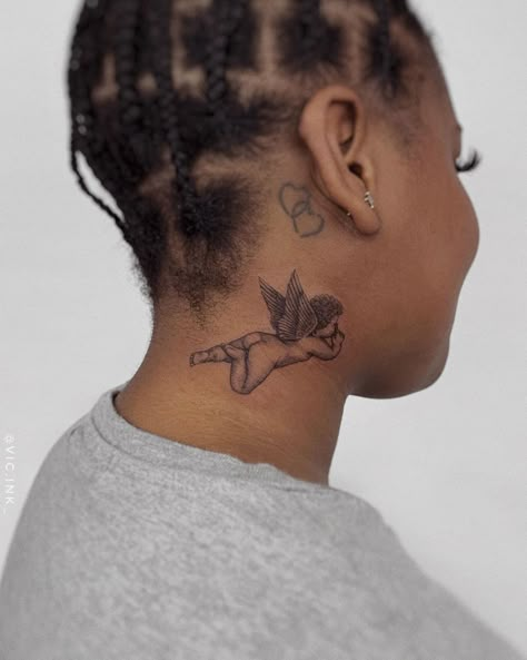 Angel Whispering In Ear Tattoo Design, Afro Angel, Sea Life Tattoos, Angle Tattoo, Cherub Tattoo, Tattoos Inspo, Orchid Tattoo, Neck Tattoos Women, Heart Tattoos