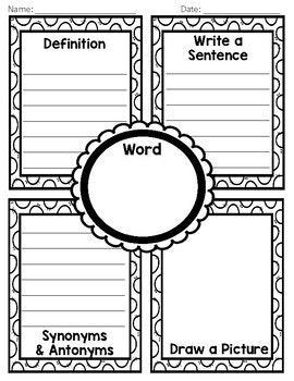 Vocabulary Graphic Organizer (Full, 1/2 & 1/4 page versions) 4 Square Vocabulary Graphic Organizer, Vocabulary Organizer Graphic Organizers, Vocabulary Worksheets Elementary, Vocabulary Words For Grade 2, Third Grade Vocabulary Activities, Academic Vocabulary Activities, Vocabulary Choice Board, Vocabulary Template, Classroom Management Activities