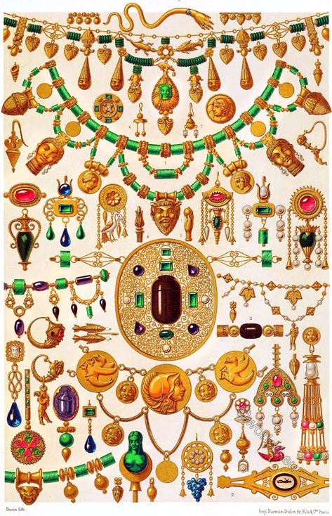 Etruscan Art. Jewels. Polychromatic ornament by Auguste Racinet. Etruscan Architecture, Grecian Jewelry, Hand With Ring, Jewelry History, Firmin Didot, Etruscan Jewelry, Etruscan Art, Enamel Rings, Ancient Jewels