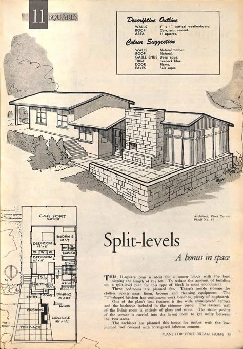 Home Decor Ideas Vintage, Mid Century Modern House Plans, Split Entry, 3d Floor Plans, Sims Houses, Sims Builds, Sims 4 House Building, Vintage House Plans, Split Level House