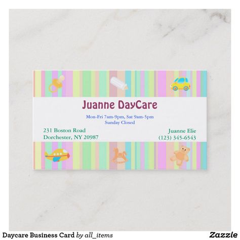 Business Card Free Template, Daycare Business, Childcare Center, Custom Business Cards, Business Card Size, Professional Business Cards, Wedding Color Schemes, Business Names, Nanny